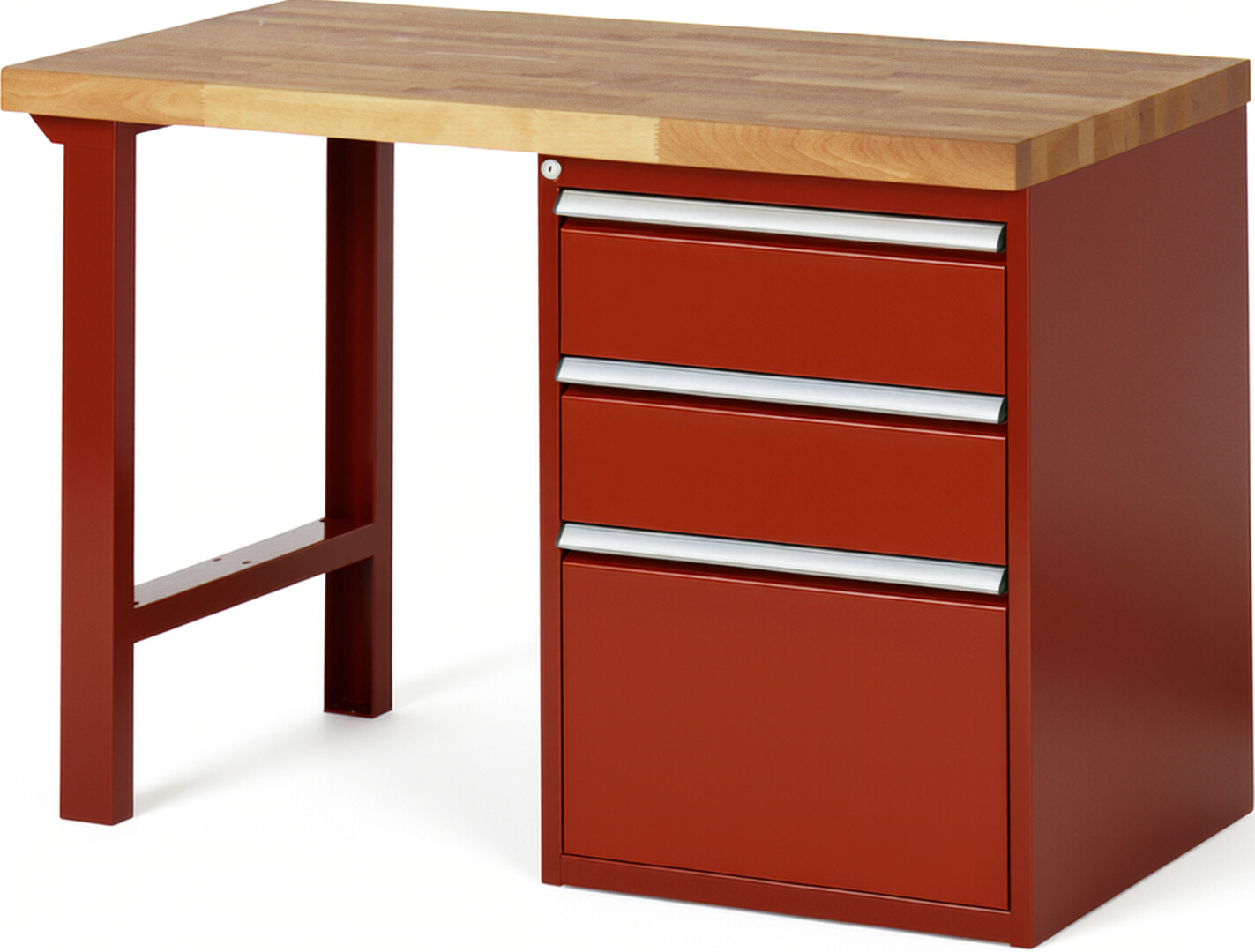 Werkbank Modell 7507 rot, BxTxH 1250x700x890 mm,  Buche-Massiv Arbeitsplatte 40 mm,  3 Schubladen mit  Vollauszug 100 % und  SoftClosing