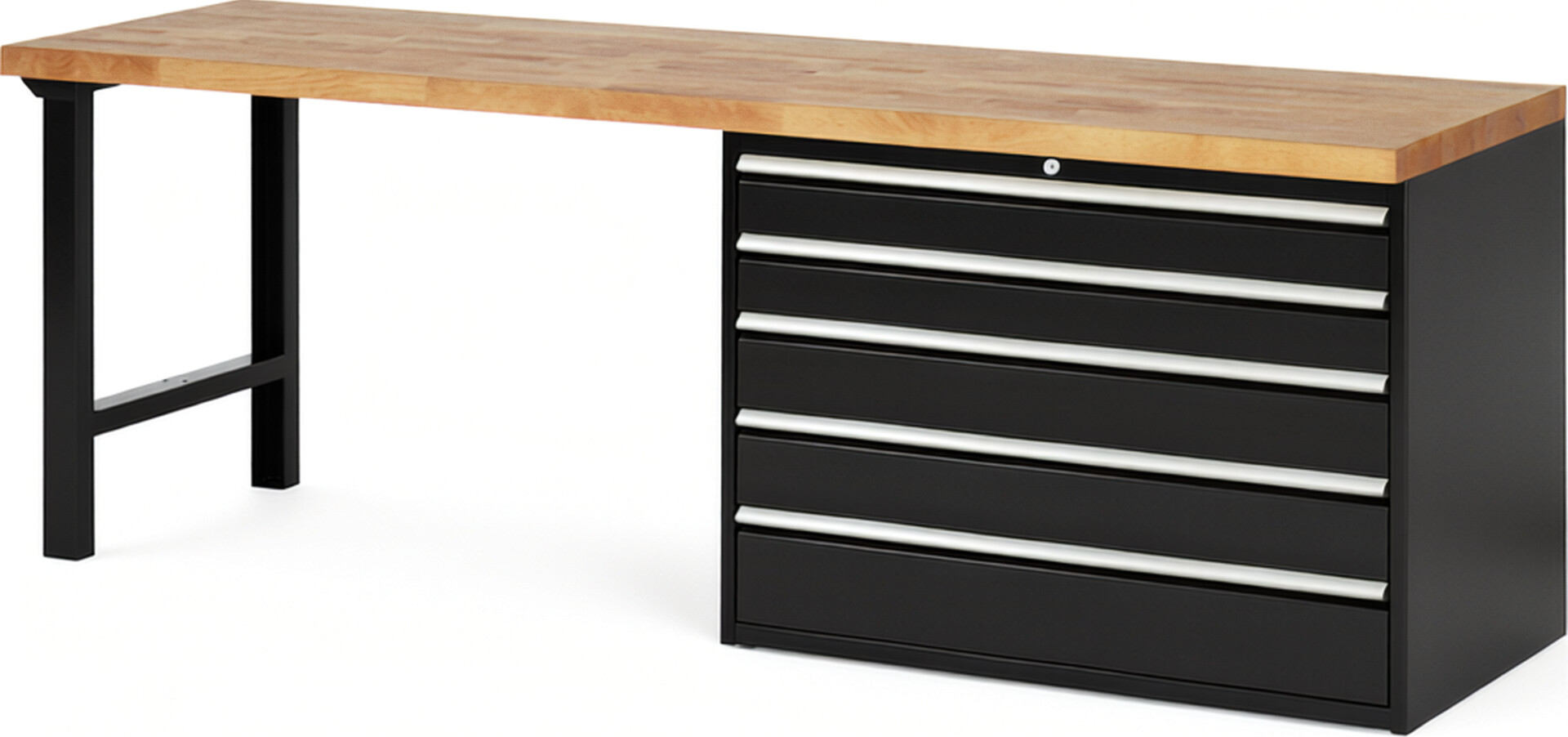 Werkbank Modell 7713 schwarz, BxTxH 2500x700x840 mm,  Buche-Massiv Arbeitsplatte 40 mm,  5 Schubladen mit  Vollauszug 100 % und  SoftClosing