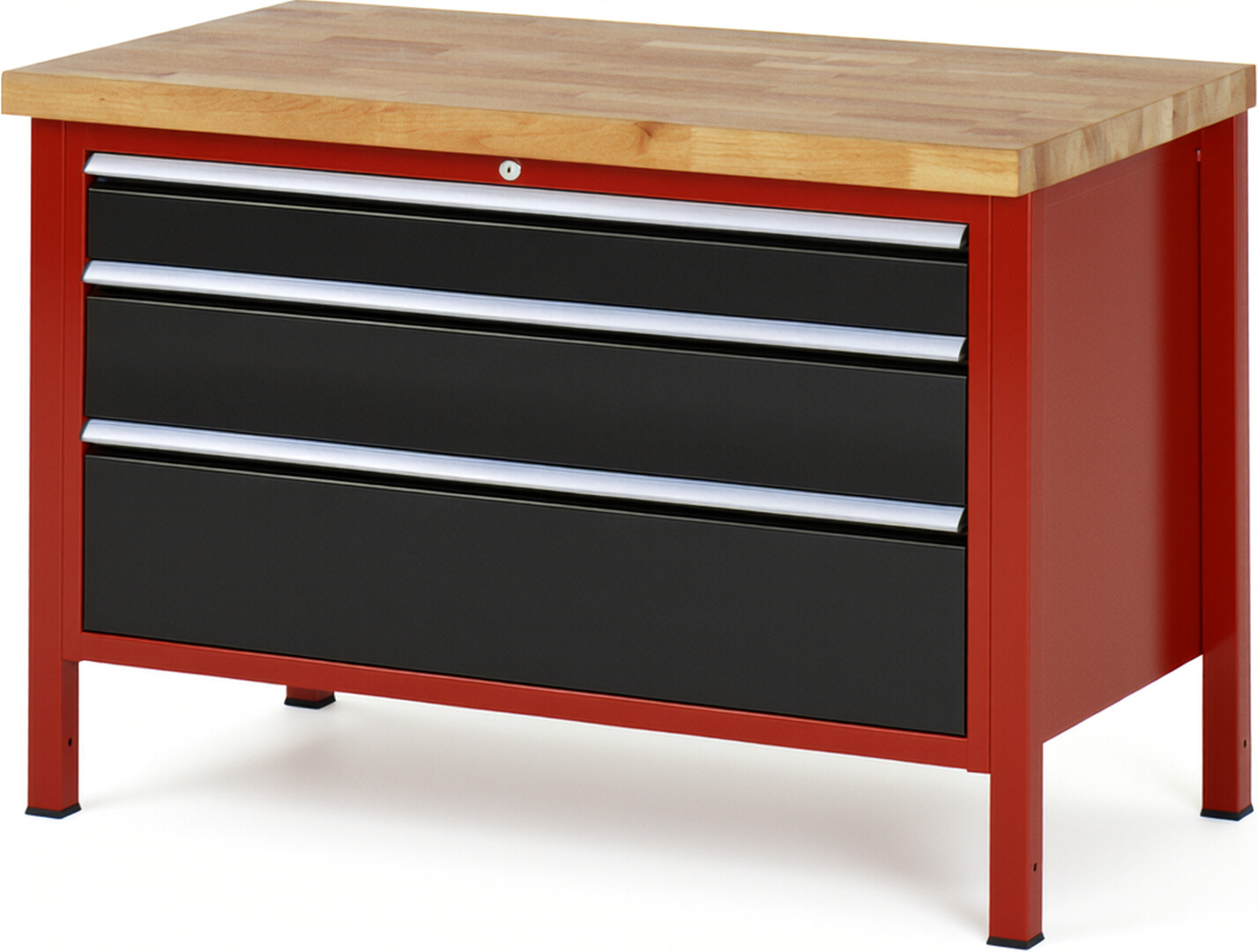 Werkbank Modell 8359 rot - schwarz, BxTxH 1250x700x840 mm,  Buche-Massiv Arbeitsplatte 40 mm,  3 Schubladen mit  Vollauszug 100 % und  SoftClosing