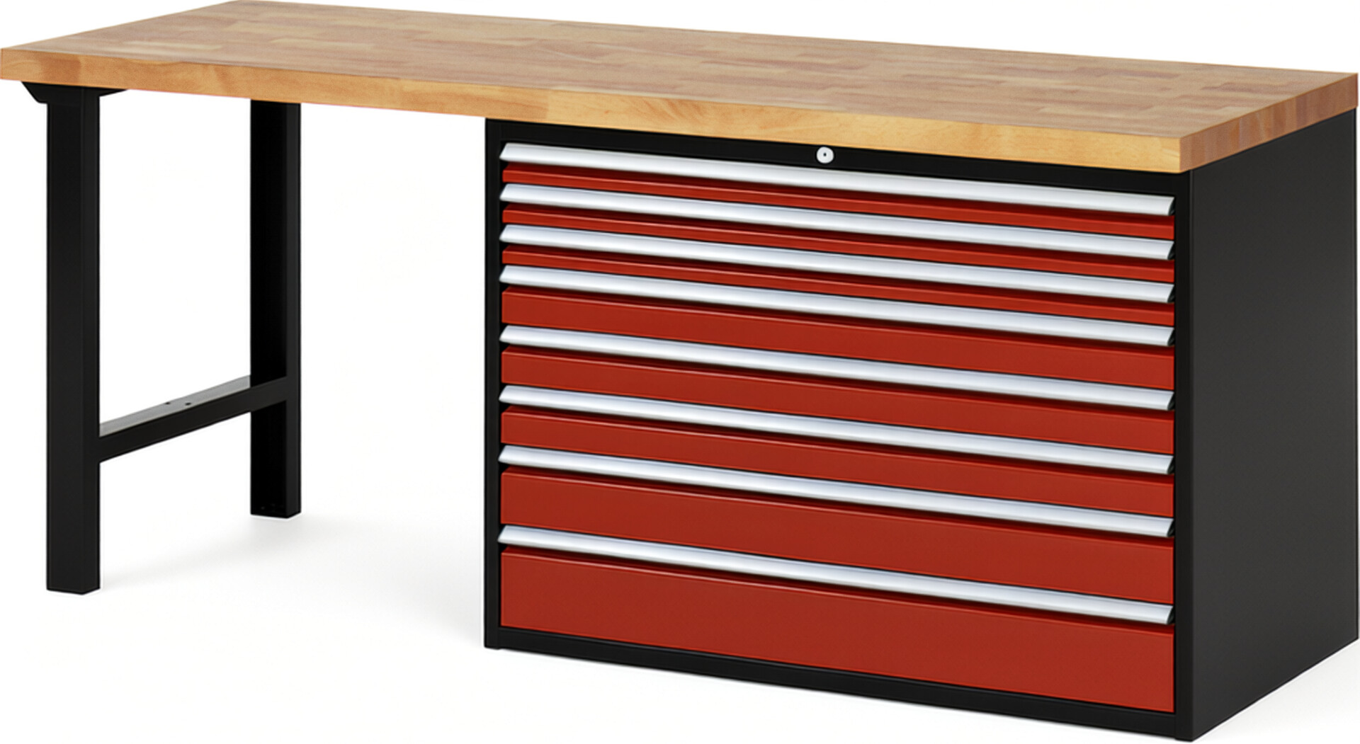 RAU Werkbank schwarz - rot - Breite 200 cm - Tiefe 70 cm - Höhe 84 cm - Buche-Massiv Arbeitsplatte 40 mm