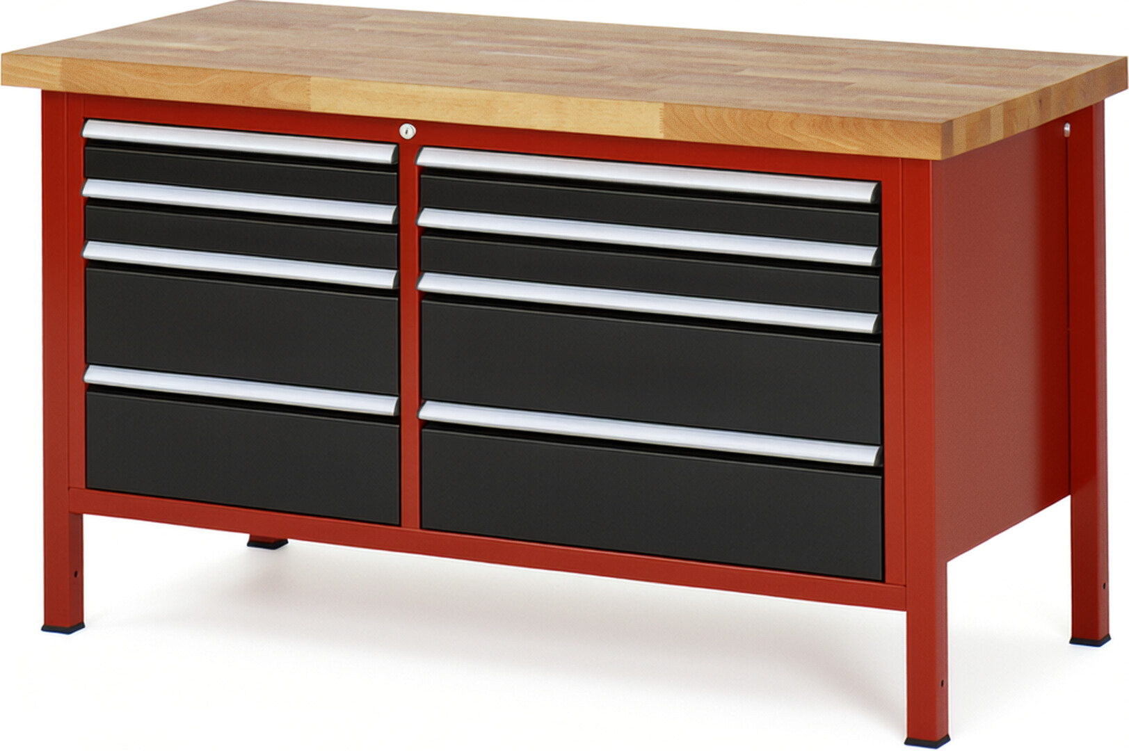 Werkbank Modell 8654 rot - schwarz, BxTxH 1500x700x840-1040 mm,  Buche-Massiv Arbeitsplatte 40 mm,  8 Schubladen mit  Auszug 90 %
