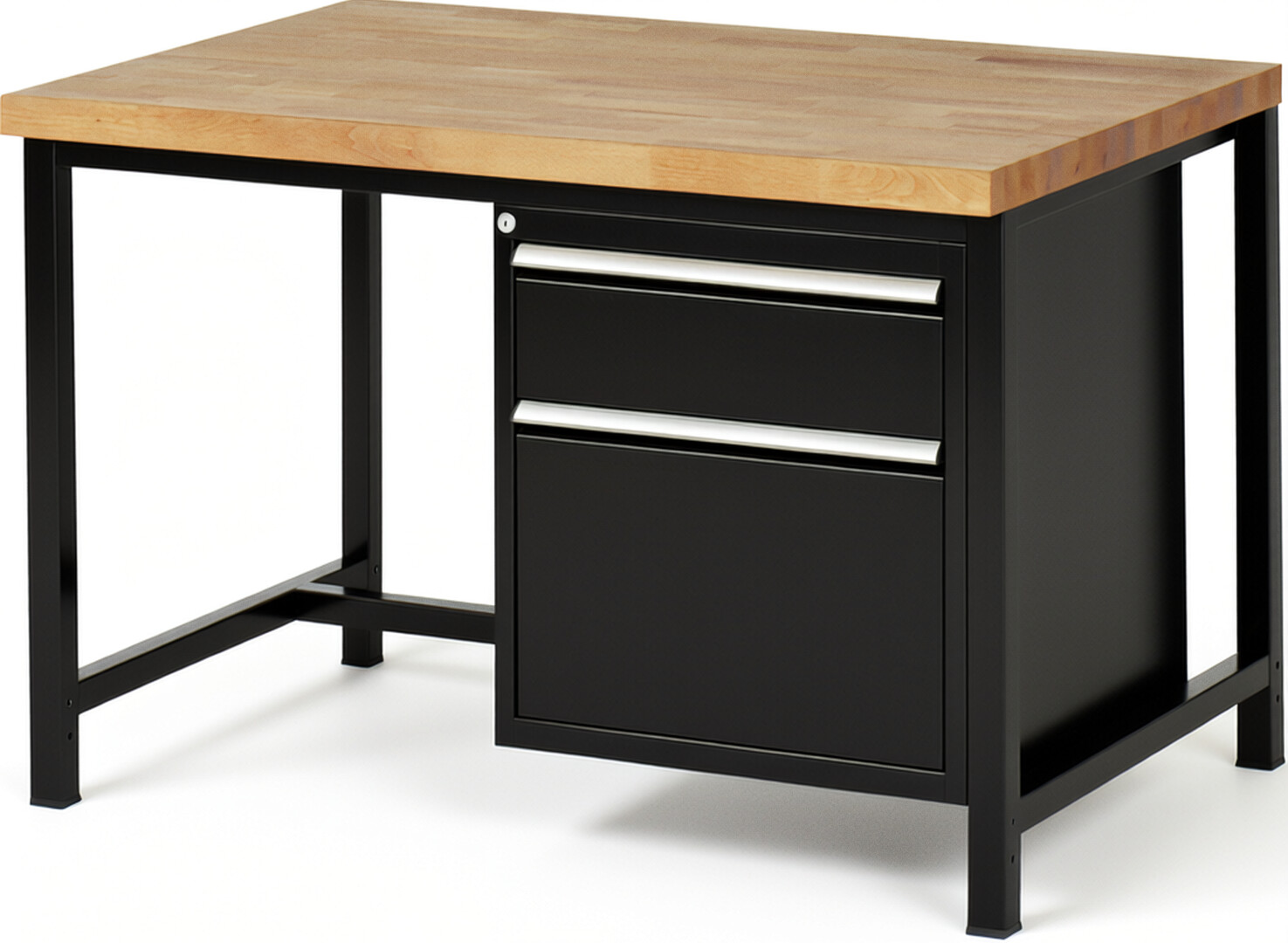 Werkbank Modell 8156 schwarz, BxTxH 1250x900x840-1040 mm,  Buche-Massiv Arbeitsplatte 40 mm,  2 Schubladen mit  Vollauszug 100 % und  SoftClosing