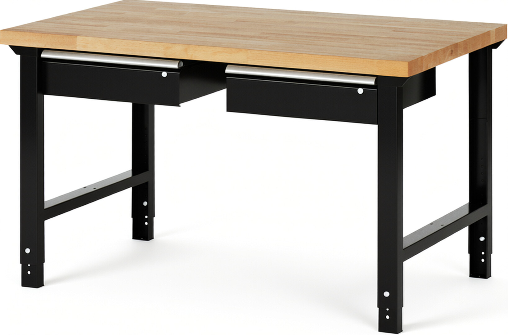 Werkbank Modell 7002 schwarz, BxTxH 1500x900x790-1140 mm,  Buche-Massiv Arbeitsplatte 40 mm,  2 Schubladen mit  Auszug 90 %