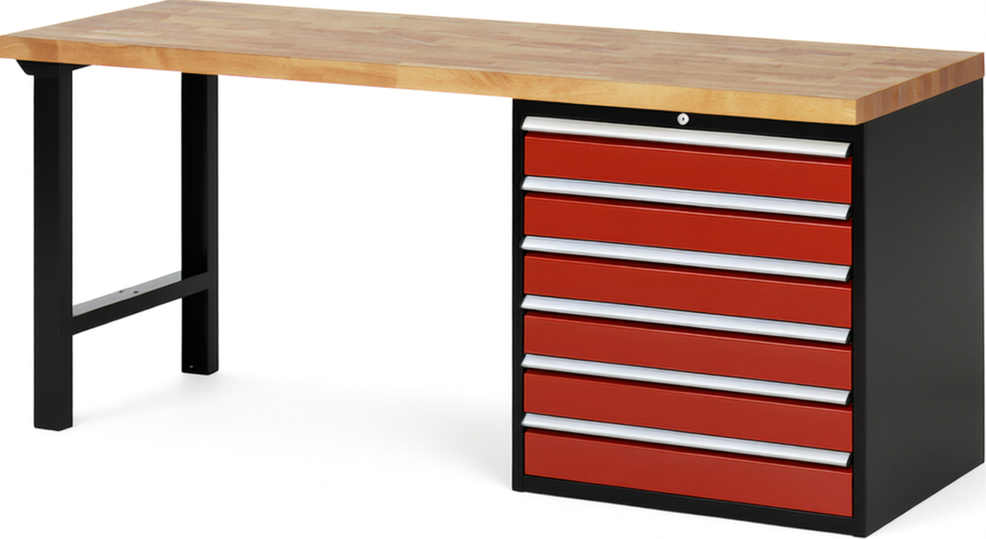 RAU Werkbank schwarz - rot - Breite 200 cm - Tiefe 70 cm - Höhe 89 cm - Buche-Massiv Arbeitsplatte 40 mm