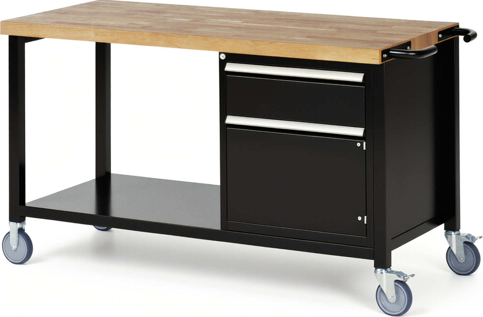 Fahrbare Werkbank Modell 8152 schwarz, BxTxH 1500x700x880-1080 mm,  Buche-Massiv Arbeitsplatte 40 mm,  1 Schublade mit  Vollauszug 100 % und  SoftClosing