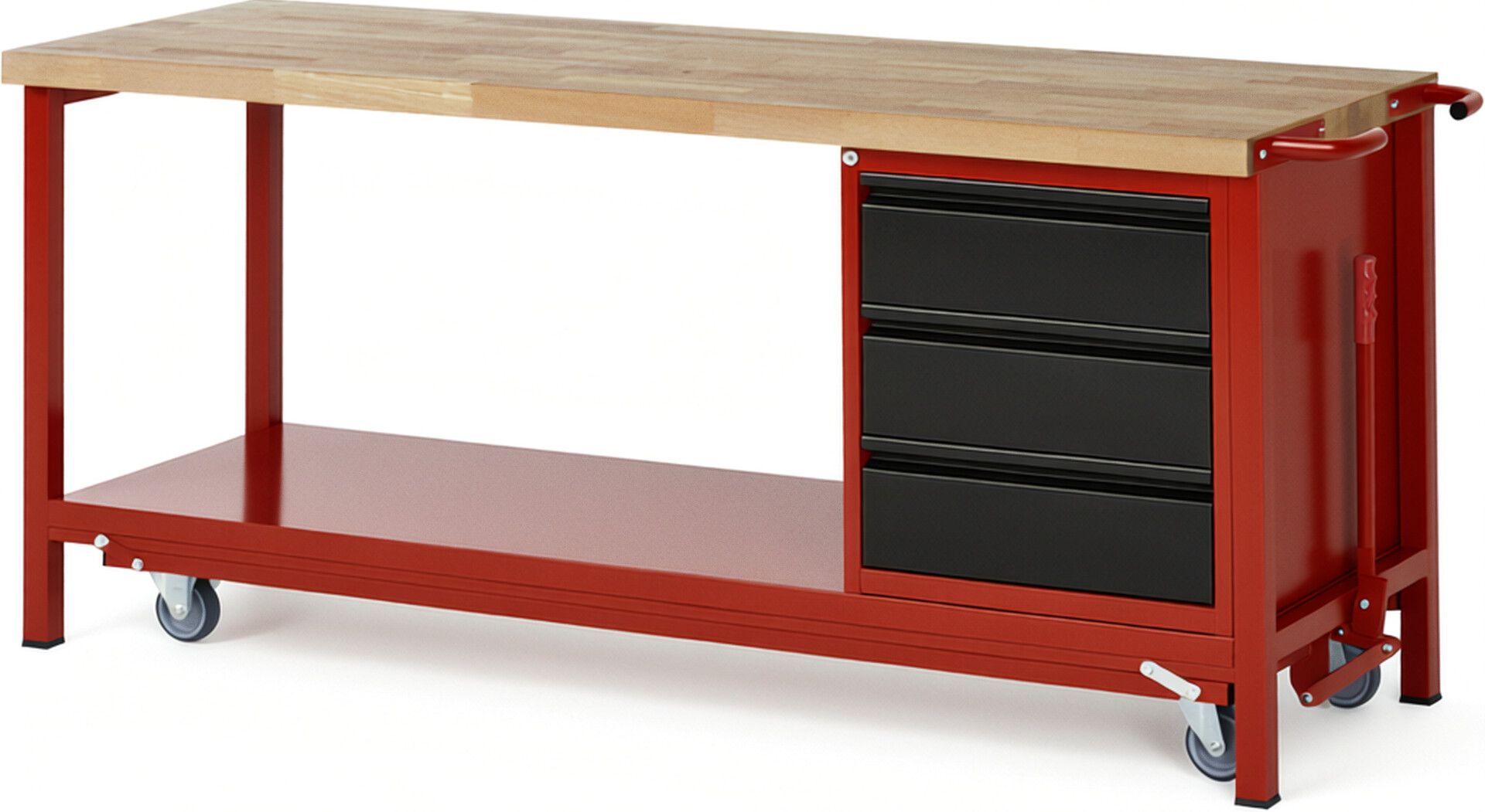 Absenkbare Werkbank - Modell 8157 BASIC rot - schwarz, BxTxH 2000x700x880 mm,  Buche-Massiv Arbeitsplatte 40 mm,  3 Schubladen mit  Auszug 90 %