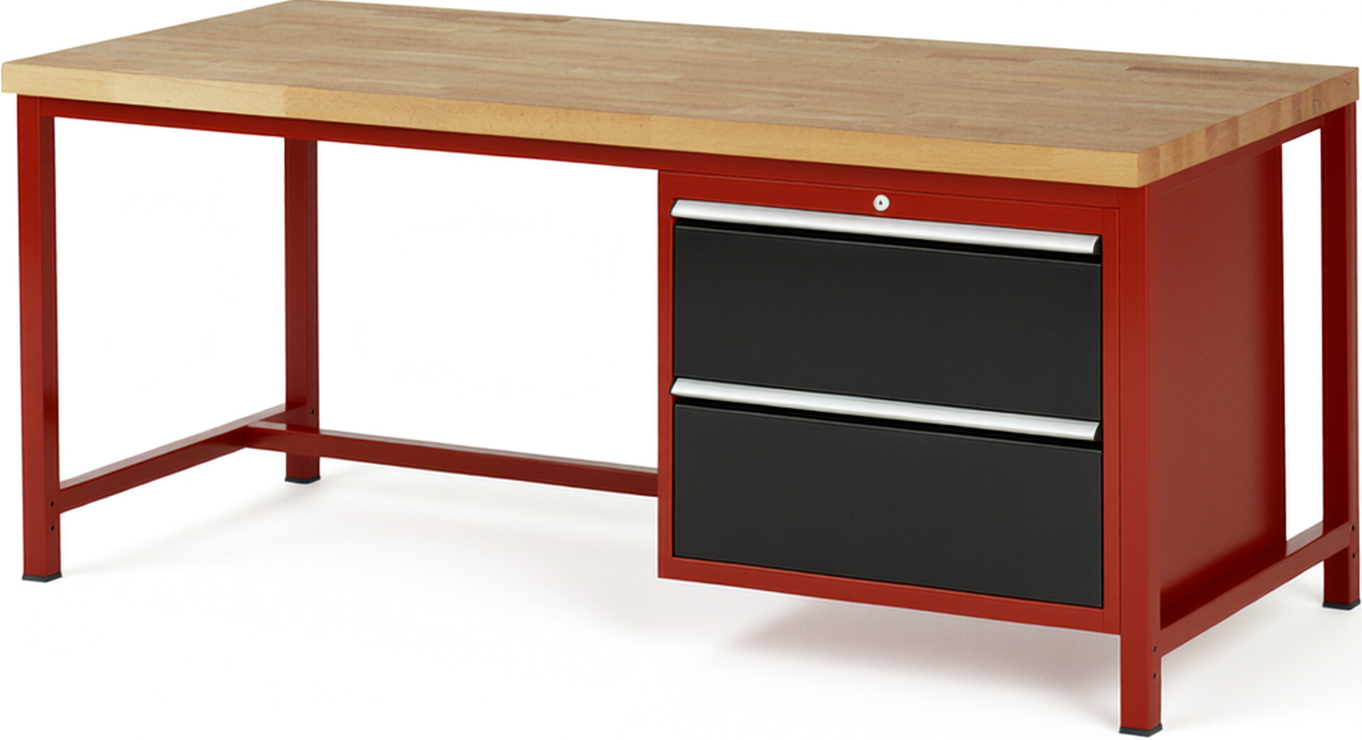 Werkbank Modell 8255 rot - schwarz, BxTxH 2000x900x840-1040 mm,  Buche-Massiv Arbeitsplatte 40 mm,  2 Schubladen mit  Auszug 90 %