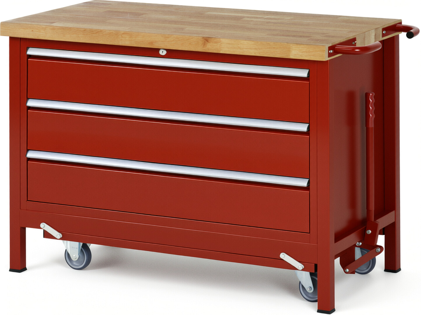Absenkbare Werkbank Modell 8357 rot, BxTxH 1250x700x880 mm,  Buche-Massiv Arbeitsplatte 40 mm,  3 Schubladen mit  Vollauszug 100 % und  SoftClosing