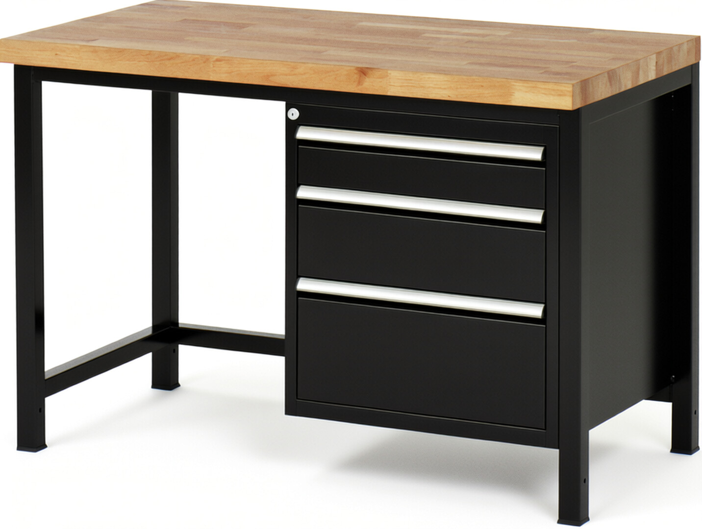Werkbank Modell 8159 schwarz, BxTxH 1250x700x840-1040 mm,  Buche-Massiv Arbeitsplatte 40 mm,  3 Schubladen mit  Auszug 90 %