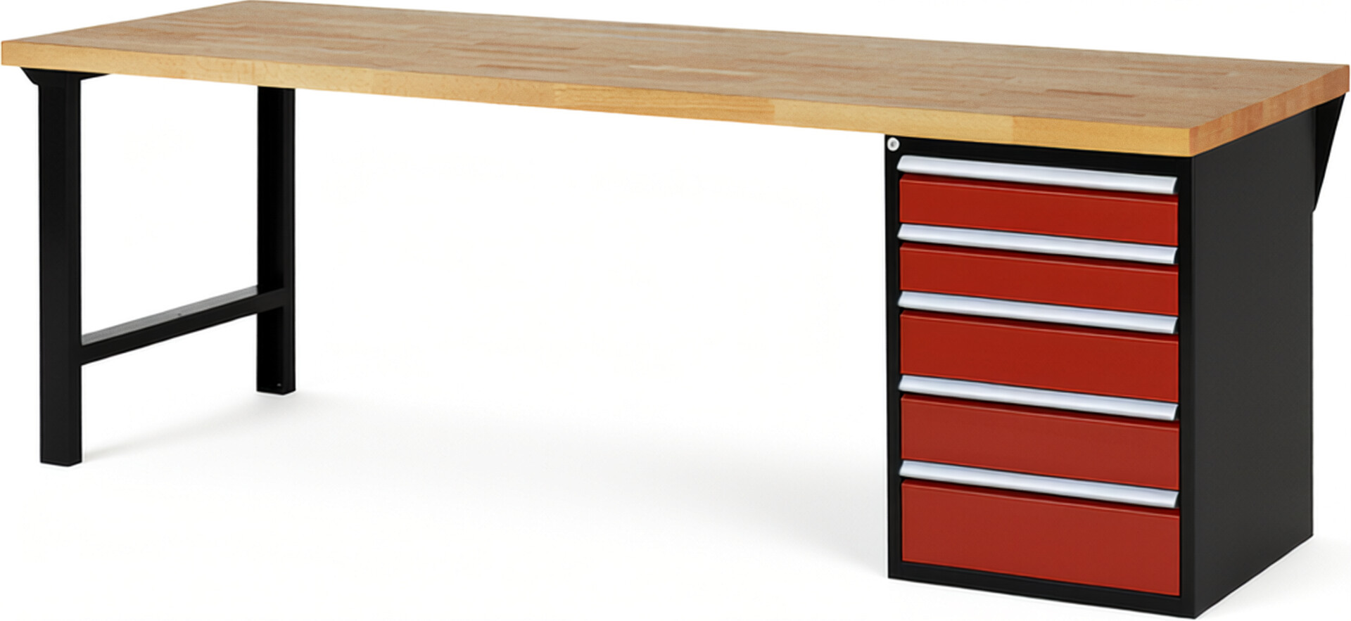 RAU Werkbank schwarz - rot - Breite 250 cm - Tiefe 90 cm - Höhe 89 cm - Buche-Massiv Arbeitsplatte 40 mm