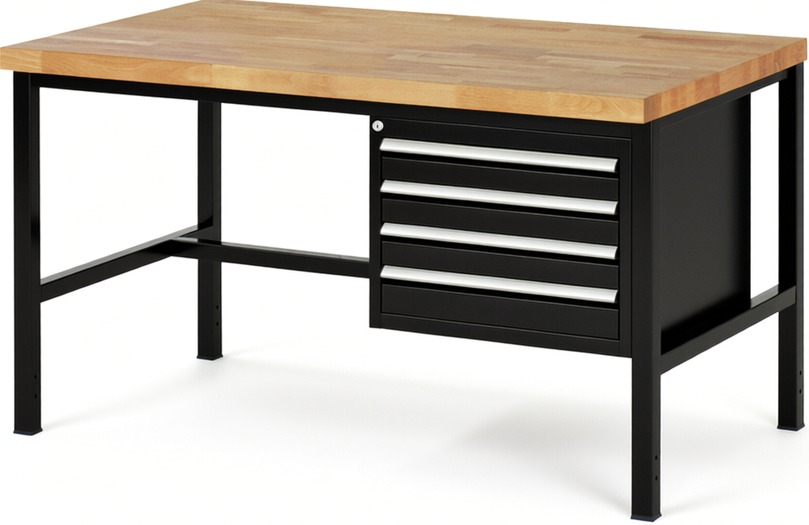Werkbank Modell 8133 schwarz, BxTxH 1500x900x840 mm,  Buche-Massiv Arbeitsplatte 40 mm,  4 Schubladen mit  Auszug 90 %