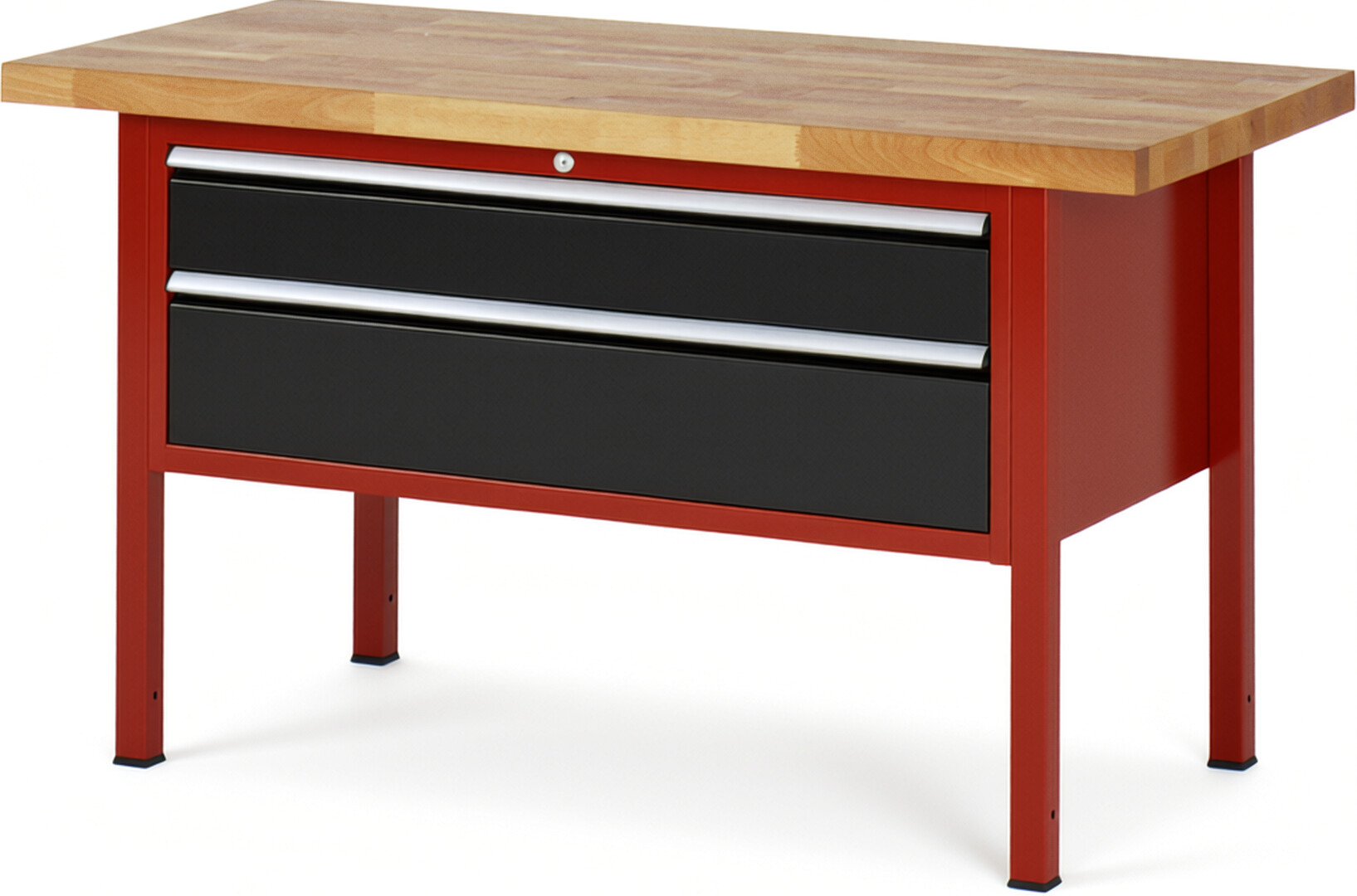Werkbank Modell 8323 rot - schwarz, BxTxH 1500x700x840-1040 mm,  Buche-Massiv Arbeitsplatte 40 mm,  2 Schubladen mit  Vollauszug 100 % und  SoftClosing
