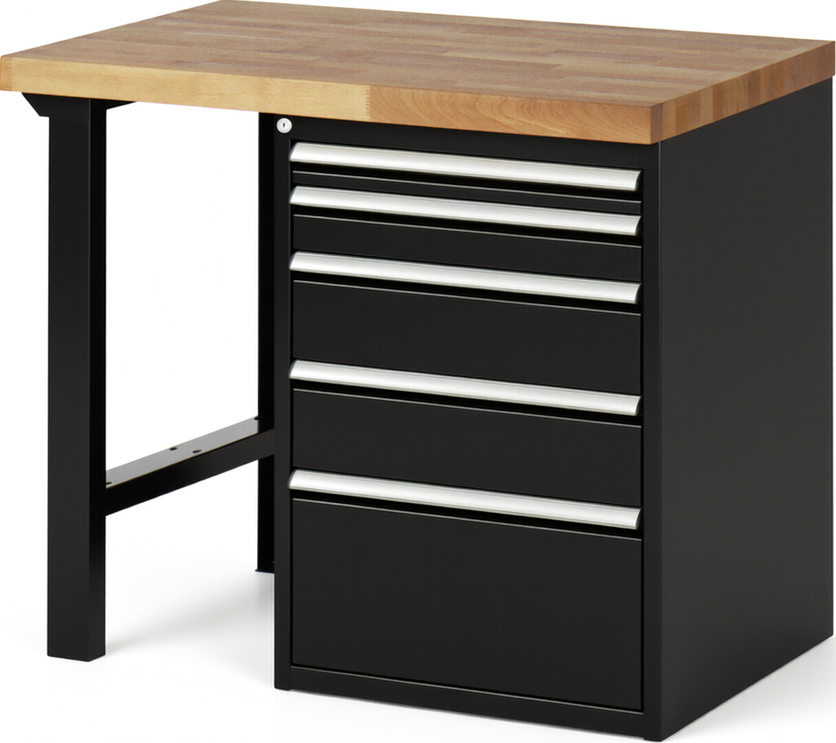 Werkbank Modell 7511 schwarz, BxTxH 1000x700x890 mm,  Buche-Massiv Arbeitsplatte 40 mm,  5 Schubladen mit  Auszug 90 %