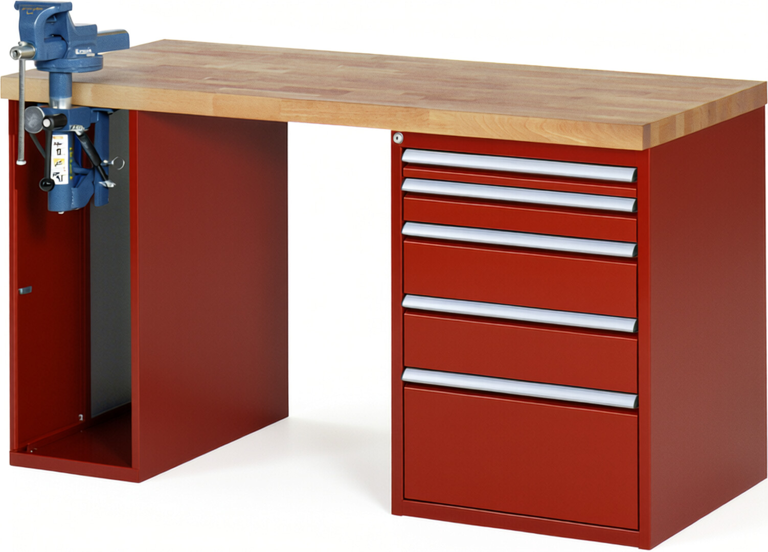 Werkbank Modell 7511 rot, BxTxH 1500x700x890 mm,  Buche-Massiv Arbeitsplatte 40 mm,  5 Schubladen mit  Auszug 90 %