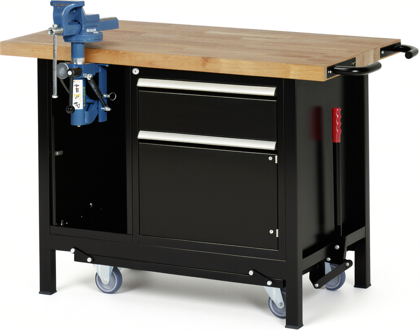 Absenkbare Werkbank Modell 8181 schwarz, BxTxH 1250x700x880 mm,  Buche-Massiv Arbeitsplatte 40 mm,  1 Schublade mit  Auszug 90 %