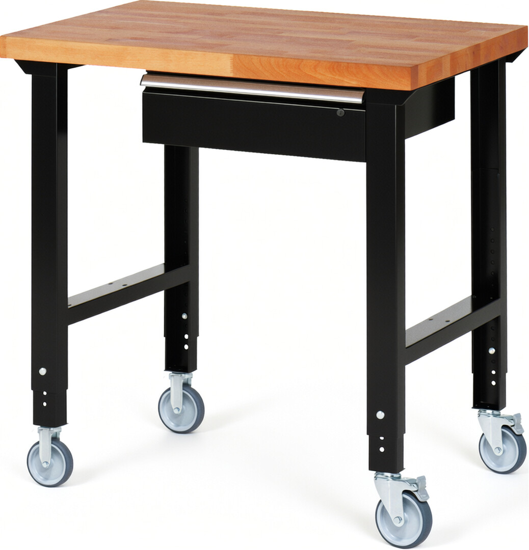 Fahrbare Werkbank Modell 7001 schwarz, BxTxH 1000x700x950-1000 mm,  Buche-Massiv Arbeitsplatte 40 mm,  1 Schublade mit  Auszug 90 %