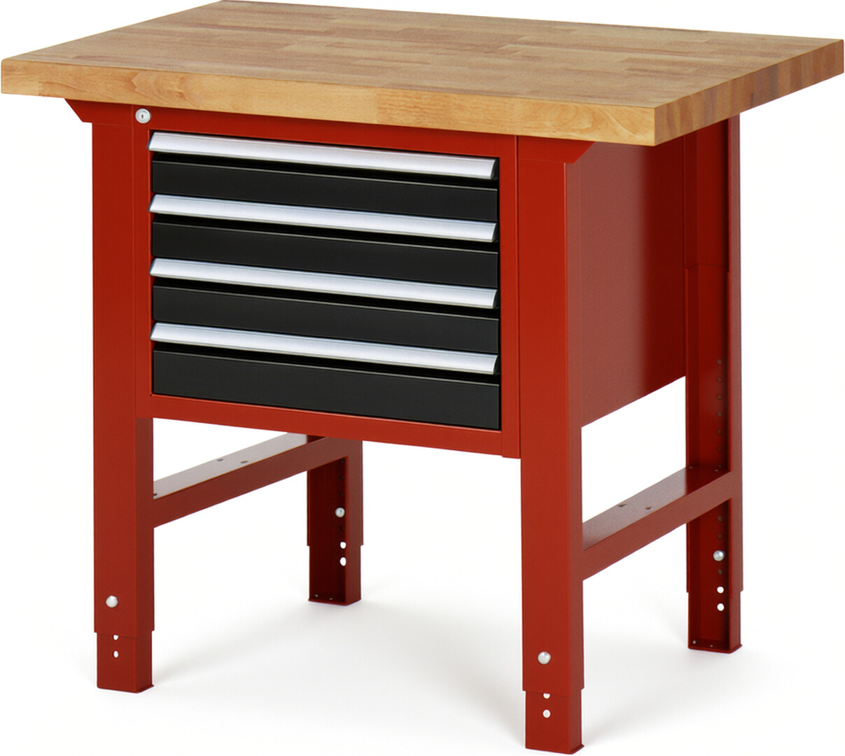 Werkbank Modell 7133 rot - schwarz, BxTxH 1000x700x790-1140 mm,  Buche-Massiv Arbeitsplatte 40 mm,  4 Schubladen mit  Vollauszug 100 % und  SoftClosing