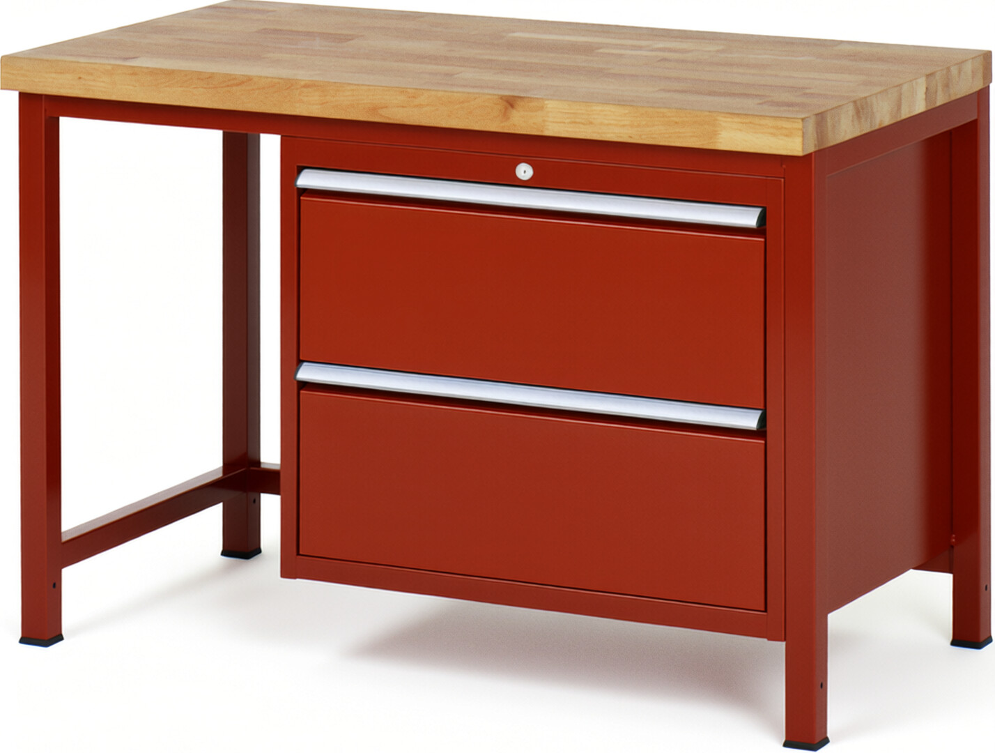 Werkbank Modell 8255 rot, BxTxH 1250x700x840 mm,  Buche-Massiv Arbeitsplatte 40 mm,  2 Schubladen mit  Auszug 90 %