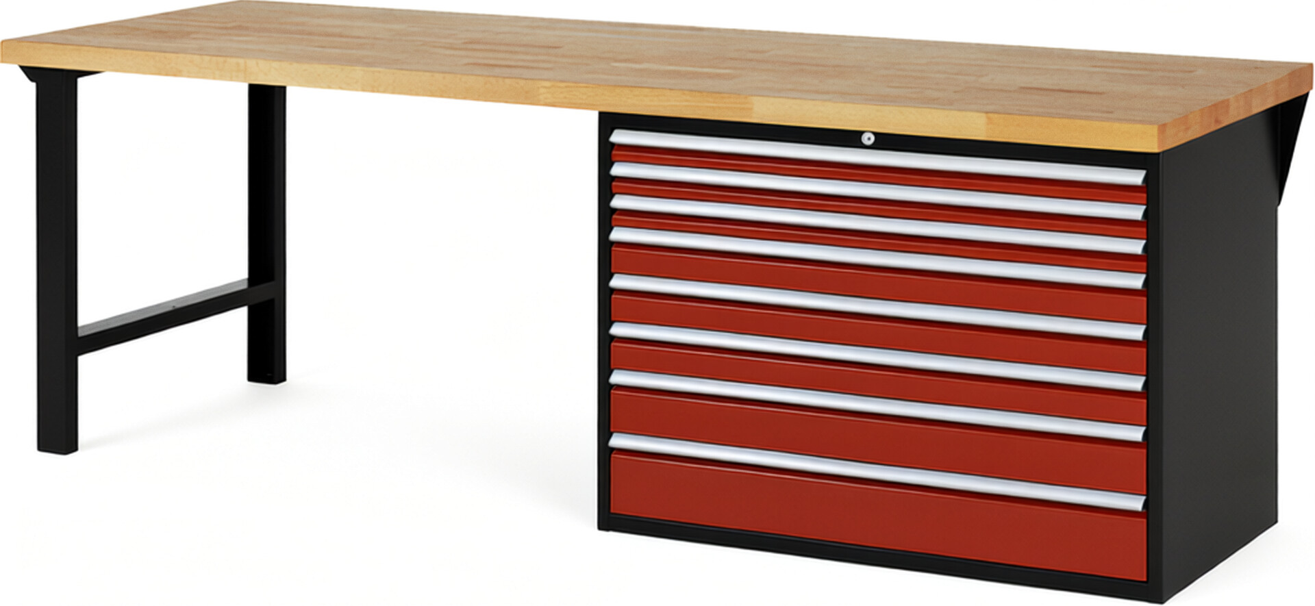 RAU Werkbank schwarz - rot - Breite 250 cm - Tiefe 90 cm - Höhe 89 cm - Buche-Massiv Arbeitsplatte 40 mm