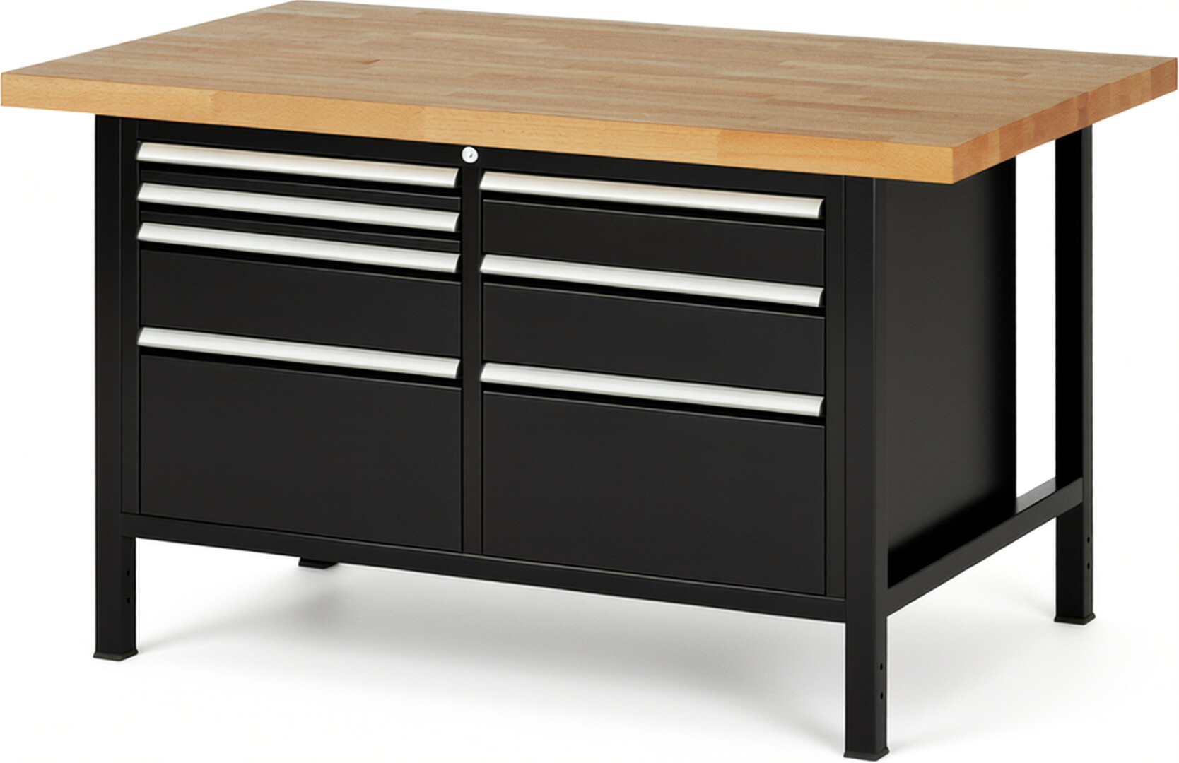 Werkbank Modell 8476 schwarz, BxTxH 1500x900x840 mm,  Buche-Massiv Arbeitsplatte 40 mm,  7 Schubladen mit  Vollauszug 100 % und  SoftClosing