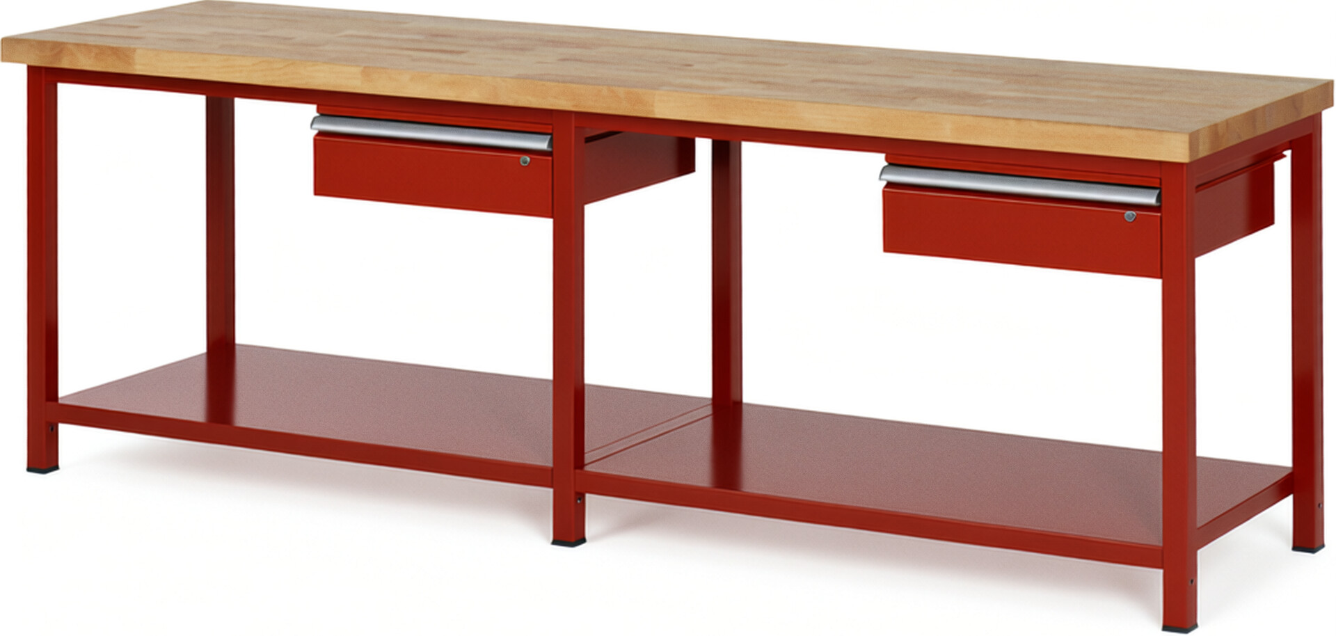 Werkbank Modell 8001 rot, BxTxH 2500x700x840 mm,  Buche-Massiv Arbeitsplatte 40 mm,  2 Schubladen mit  Auszug 90 %