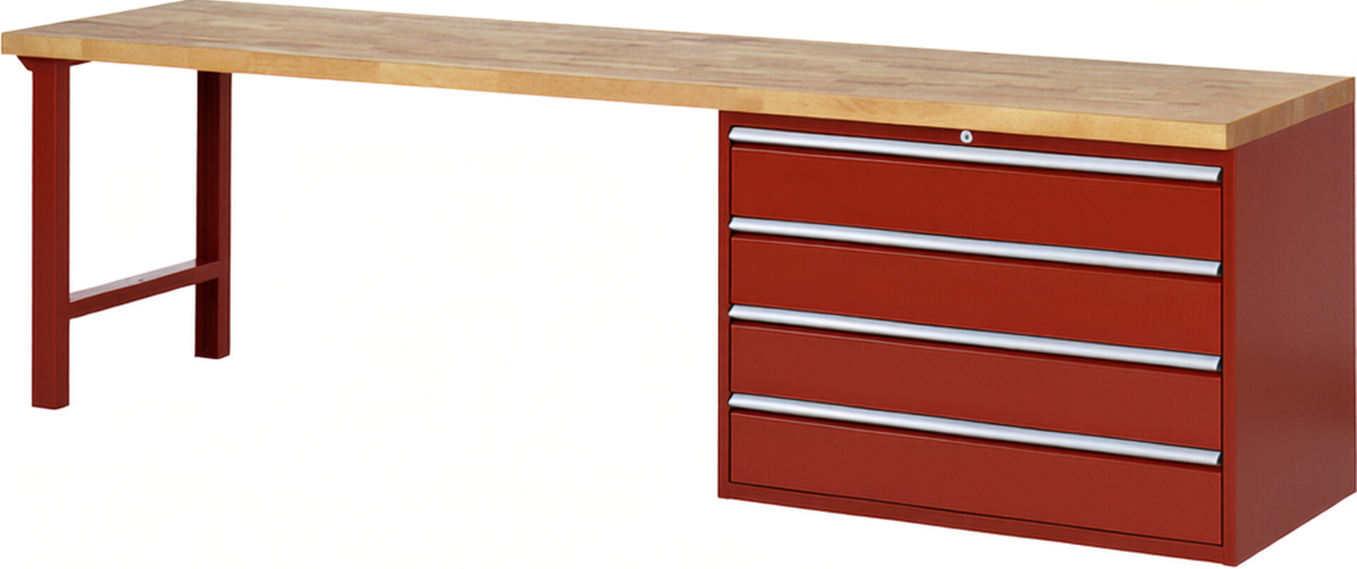 Werkbank Modell 7709 rot, BxTxH 3000x700x890 mm,  Buche-Massiv Arbeitsplatte 40 mm,  4 Schubladen mit  Vollauszug 100 % und  SoftClosing